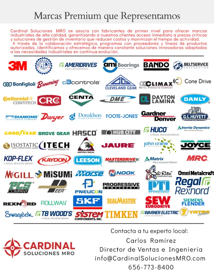 Folleto de Cardinal Soluciones MRO con logotipos de marcas industriales premium como 3M, Bando, Dodge, Continental, Goodyear, Dwyer, Dayton Lamina, Misumi, Regal, y otras. Representa el catálogo de fabricantes con los que Cardinal colabora para ofrecer refacciones y soluciones MRO de alta calidad.
