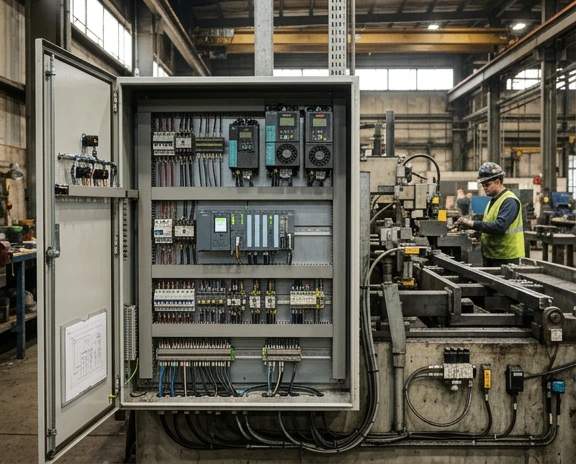 Panel de automatización industrial con PLC, VFD y componentes eléctricos